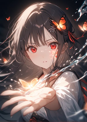 score_9, score_8_up, score_7_up, source_anime, BREAK, 1girl, high_res, face focus,
1girl, looking at viewer, black hair, red eyes, long hair, hair ornament, hair ribbon,
glowing, tattoo, glowing tattoo, glowing water, glowing butterflies, gowing water, splash, magic. magic word,
blurry background, blurry foreground, chromatic aberration, depth of field, motion blur,
black background, a girl with a sword in her hand , glowing swirls surround the girl, butterflies flying around the girl