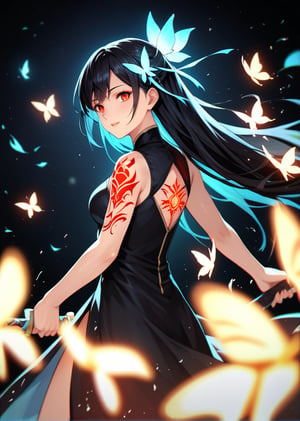 score_9, score_8_up, score_7_up, source_anime, BREAK, 1girl, high_res, cowboy shot,
1girl, looking at viewer, black hair, red eyes, long hair, hair ornament, hair ribbon,
glowing, tattoo, glowing tattoo, glowing water, glowing butterflies, gowing water, splash, magic. magic word,
blurry background, blurry foreground, chromatic aberration, depth of field, motion blur,
black background, a girl with a sword in her hand , glowing swirls surround the girl, butterflies flying around the girl