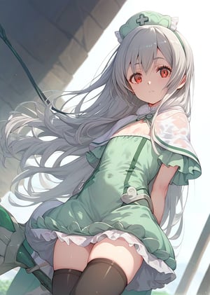 score_9, score_8_up, score_7_up, source_anime, BREAK, 1girl, high_res, looking at viewer, cowboy shot, 
ig-maidena, grey hair, red eyes, long hair, flat_chest,
green dress, white capelet, green headdress, black thighhighs, green boots