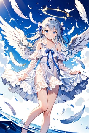 (best quality, masterpiece, sidelights, exquisite eyes), one angel  girl, solo, long_hair, straight hair, silvery white, hair covering ears, bangs, x blue satin hair ribbons , breasts,  x ribbons one leg, blue_eyes, legs, bare_feet,  (long off-shoulder dress (white)(translucent)), aesthetic, sky, angel_wings, angel halo, floaing feathers , depth of field,  standing