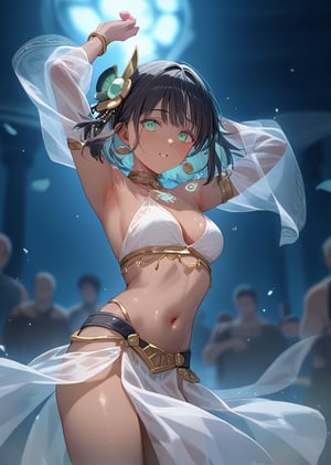 score_9, score_8_up, score_7_up, source_anime, BREAK, high_res, cowboy_shot,
1girl, black hair, light green eyes, hair ornament, brown skin,
dancer, see_through, dancing,
glowing, gowing hair, gowing tattoo, gowing sand,
blurry foreground, blurry background,
glowing swirls surround the girl,