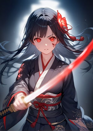 score_9, score_8_up, score_7_up, source_anime, BREAK, 1girl, high_res, face focus,
looking at viewer, black hair, red eyes, long hair, hair ornament, japanese clothes, katana, 
glowing, glowing sword, glowing weapon, holding weapon, tattoo, glowing tattoo, glowing water, glowing butterflies, glowing runes,
blurry background, blurry foreground, chromatic aberration,  depth of field, motion blur,
black background,  magic, a girl with a sword in her hand , glowing swirls surround the girl,