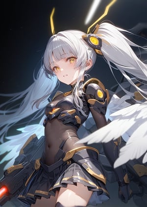 score_9, score_8_up, score_7_up, source_anime, BREAK, high_res, face focus, cowboy shot,
1girl, looking at viewer, silver hair, yellow eyes, hair ornament, long twintails,
mecha girl, mecha armor, mecha skirt, large wings,
glowing, gowing hair, holding  gun, ray, laser, led,
blurry foreground, blurry background, black background,
glowing swirls surround the girl, shooting, girl has a big wings,