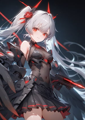 score_9, score_8_up, score_7_up, source_anime, BREAK, high_res,
1girl, looking at viewer, silver hair, red eyes, hair ornament, long twintails,
mecha girl, mecha skirt, 
glowing, gowing hair, neon lights, holding  gun, large wings,
blurry foreground, blurry background, black background, face focus,
glowing swirls surround the girl, shooting, ray, laser, girl has 3 pairs of wings,