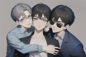 Blank background, looking at the viewer, looking up perspective, close-up, three people, shirt, upper body, gray hair, sunglasses, 3 boys, printed shirt, blue jacket, short hair, guweiz style,naoto_tachibana,1guy,hug