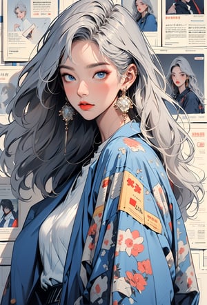 newspaper wall, looking at viewer, blue eyes, white shirt, solo, shirt, earrings, upper body, grey hair, jewelry, 1girl, print shirt, blue jacket, long hair ,guweiz style