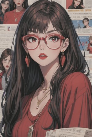 newspaper wall, glasses, parted lips, looking over eyewear,  black jacket, jewelry, long hair, jacket, red shirt, solo, upper body, brown hair, 1girl, necklace, earrings, red sweater, looking at viewer, red-tinted eyewear, sweater, red jacket, red lips ,Crazy face ,glitter,YAMATO,guweiz style