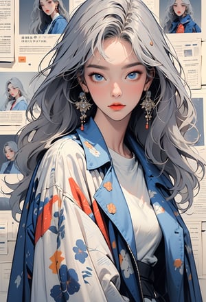 newspaper wall, looking at viewer, blue eyes, white shirt, solo, shirt, earrings, upper body, grey hair, jewelry, 1girl, print shirt, blue jacket, long hair ,guweiz style