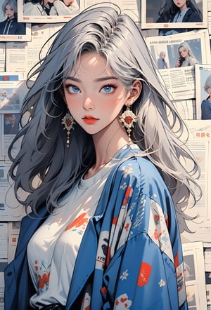 newspaper wall, looking at viewer, blue eyes, white shirt, solo, shirt, earrings, upper body, grey hair, jewelry, 1girl, print shirt, blue jacket, long hair ,guweiz style