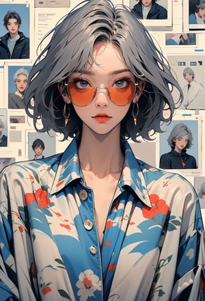 Blank background wall, looking at the viewer, looking up perspective, close-up, three people, shirt, upper body, gray hair, sunglasses, 3 boys, printed shirt, blue jacket, short hair, guweiz style