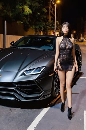 1 girl in click a photo in lamborghini urus and bugatti Charon  this blck colour an baground night an girl dress is touse and ball botm jenc 