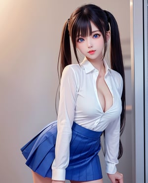 1girl, solo, long hair, breasts, looking at viewer, cleavage, bangs, blue eyes, (black mini pencil skirt), white shirt, shirt tucked in, long sleeves, Blush, twintails, medium breasts, standing, very long hair, closed mouth, aqua hair, Puckered lips,  red lips, thighs, no bra 