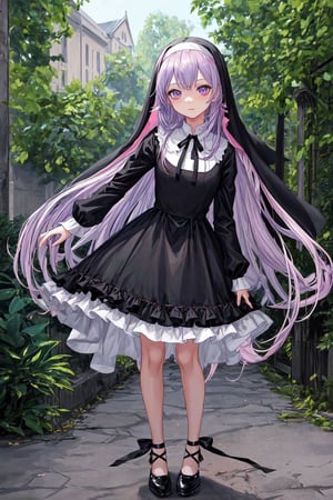 masterpiece, best quality, 1girl, solo, long hair, looking at viewer, bangs, blue eyes, pink eyes, simple background, long sleeves, dress, ribbon, closed mouth, blue hair pink tail, detailed hair, standing, full body,shoes, virtual youtuber, black footwear, black dress, black ribbon, neck ribbon, black background, colored inner hair, nun, habit