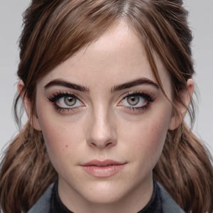 young female made from Emma stone Emma Watson blend,  long ponytail, long bangs, long lashes, modelshoot style, super realistic,  4k,  expert lighting,  perfect symmetry, Realism, Makeup, Face makeup,,,
