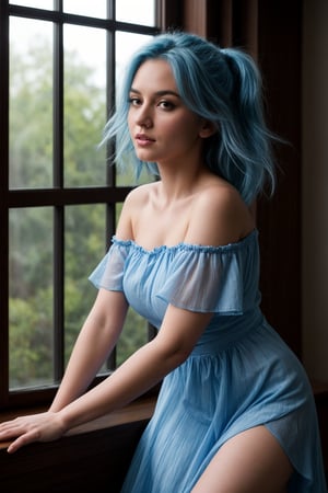 masterpiece, 8k, 1 girl 20 years blue highlighted hair- key lighting, dress, detailed face, off shoulder, dynamic move, windows, 