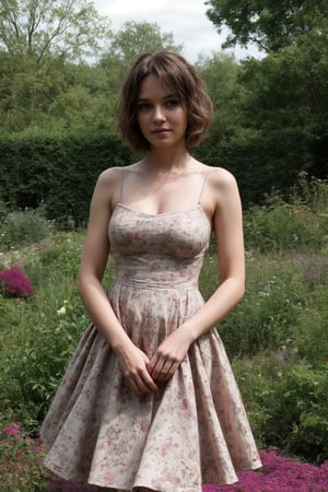 A 20 year short messy hair girl in sci fi hot dress in a garden of flowers 