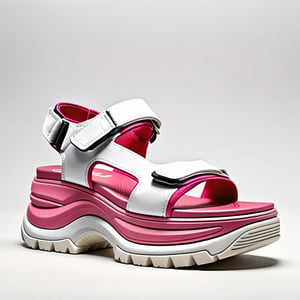 A detailed image of single strap sandals with a very gargantuan high platform on Caucasian feet, featuring a chunky, sporty design with a prominent velcro strap in a playful pink and white color scheme, set against a plain, neutral-colored background, emphasizing the sandal's extraordinary height and bold, functional style.