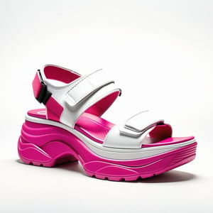 A crisp image of really high platform sandals on white feet, showcasing a chunky, sporty design with a prominent velcro strap in a playful pink and white color scheme, set against a plain, neutral-colored background, emphasizing the sandal's bold, functional style and the dramatic height of the platforms.