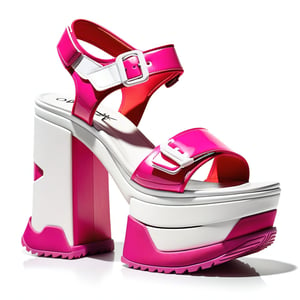 A vibrant image of really high platform sandals with a single strap, showcasing a chunky, sporty design and a prominent velcro strap in a playful pink and white color scheme, set against a plain, neutral-colored background, emphasizing the sandal's bold, functional style and the dramatic height of the platforms.