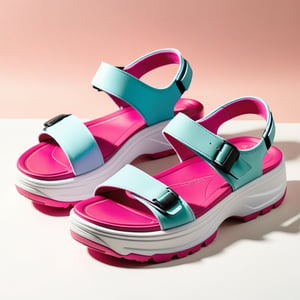 A focused image of pinky and white platform sandals featuring thick soles and straps, displaying their chunky, sporty design and durable material on a plain, neutral-colored background, emphasizing the vibrant and robust nature of the footwear.