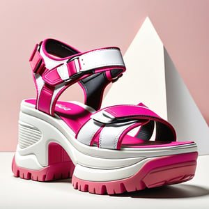 A detailed image of a really high platform sandal, showcasing the chunky, sporty design with a single prominent velcro strap in a playful pink and white color scheme, set against a plain, neutral-colored background, emphasizing the sandal's bold, functional style and towering height, with the simplicity of a single strap.