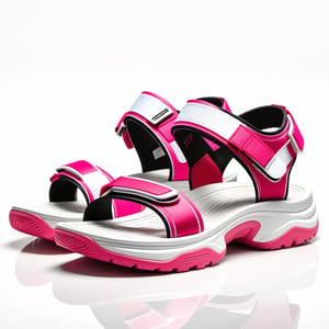 A detailed image of 10 centimeters high sandals with a single strap, showcasing a chunky, sporty design and a prominent velcro strap in a playful pink and white color scheme, set against a plain, neutral-colored background, emphasizing the sandal's substantial height and bold, functional style, without any feet visible.