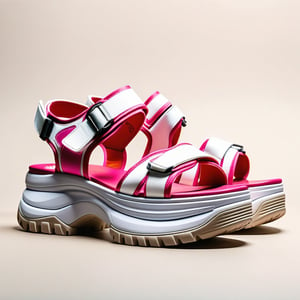 A dynamic shot of a really high platform sandal with a chunky, sporty design, featuring one velcro strap in a playful pink and white color scheme, set against a plain, neutral-colored background, showcasing the sandal's bold and functional style.