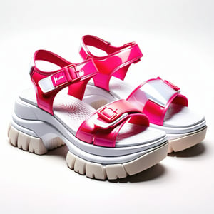 A clear image of really high platform sandals on white feet, featuring a chunky, sporty design with a prominent velcro strap in a playful pink and white color scheme, set against a plain, neutral-colored background, emphasizing the sandal's bold, functional style and the impressive height of the platforms.