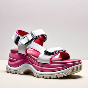 A detailed image of single strap sandals with a very gargantuan high platform, featuring a chunky, sporty design with a prominent velcro strap in a playful pink and white color scheme, set against a plain, neutral-colored background, emphasizing the sandal's extraordinary height and bold, functional style. minimalist
