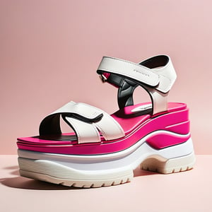 A striking image of very high flatform sandals with a single strap, featuring a chunky, sporty design and a prominent velcro strap in a playful pink and white color scheme, set against a plain, neutral-colored background, emphasizing the sandal's bold, functional style and the substantial, flat platform height.