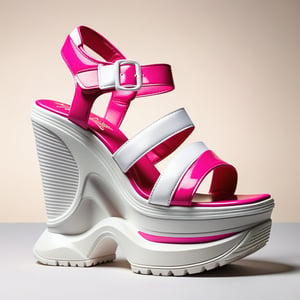 A dynamic image of stripteasing high platform wedge sandals, sporting a chunky, sporty design with a prominent velcro strap in a playful pink and white color scheme, set against a plain, neutral-colored background, emphasizing the sandal's dramatic height and bold, functional style, capturing the essence of a striptease performance.