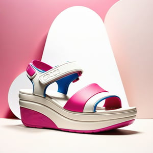 A vibrant image of Crocs very high sportive platform wedge sandals, featuring a chunky, sporty design with a prominent velcro strap in a playful pink and white color scheme, set against a plain, neutral-colored background, emphasizing the sandal's dramatic height and bold, functional style, capturing the essence of comfort and sportiness.