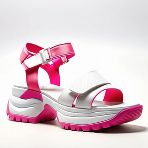 A clear image of really high platform sandals, 10 centimeters tall, with a single strap, featuring a chunky, sporty design and a prominent velcro strap in a playful pink and white color scheme, set against a plain, neutral-colored background, emphasizing the sandal's dramatic height and bold, functional style, without any feet visible.