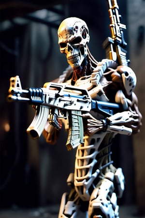 Esqueleto realista portando una Ak47 enllamas
,Extremely Realistic,Movie Still,cyborg style
