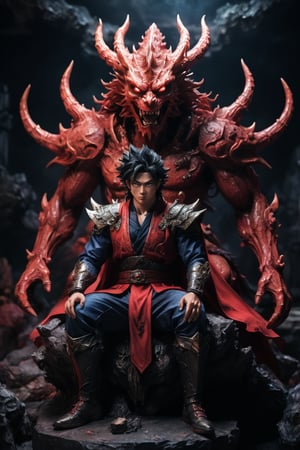 A legendary shot of Songoku in a dark and harsh environment. He sits on a dragon skull throne, surrounded by the remains of the battle. The pose is dynamic and attractive, with Songoku looking directly at the viewer. The colors are vibrant and saturated, with a strong emphasis on red and black. The level of detail is incredible, with each skull and its red fighting suit rendered with striking realism. The image has been post-processed to add even more detail and atmosphere. The overall effect is one of ultra-realism and cinematic quality.