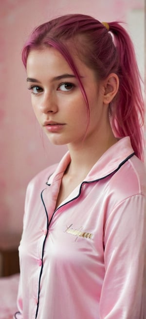amature mobile Photography of 19 year old Russian Woman, Indian Featured, in a her room , wearing a pijama, seductive look ,  pink hair pony tail ,  (freckles:0.2) . f8.0, sharpend ,noise, jpeg artefacts, poor lighting, low light, underexposed, high contrast,babe , thick , 
