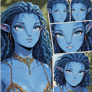 male na’vi, alien, male, blue skin, point ears, freckles, soft blue eyes, curly hair blac, but shot, skin detailes, jewelry, comic style, comic reference avatar na'vi female