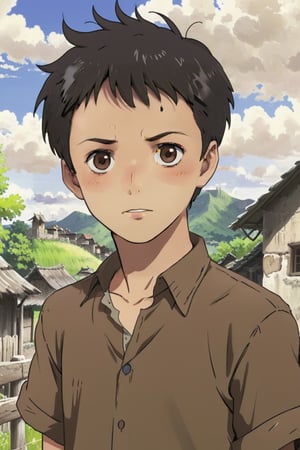 {{1boy cute}}, short messy black hair, {{wearing ragged brown peasant shirt, Upper-body}}, anime, (detailed Village background), {{Sharp lines, High 赤蛮奇Animation Quality}}, ((eyeless)), ((background character)), {{masterpiece, best quality, half closed red-black eyes, expressive eyes, perfect face, perfect fingers,}}
