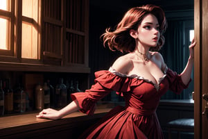 masterpiece, 8k, 1 girl - key lighting, dress, detailed face, off shoulder, dynamic move, windows, 