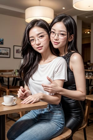 (photorealistic, raw photo:1.2), hyperrealism, ultra high res, Best quality, masterpiece, 8k, bright backlighting, realistic light, three korean 18 years girl, delicate facial features, racy pose, smile, 
In the photo, three individuals are posing for a selfie. The person in the foreground is a woman with long black hair, pouting playfully at the camera and making a 'V' sign with her hand. She's wearing a white top with a round neckline under a black blazer. Behind her, in the middle, is someone with short hair and glasses, smiling gently and also making a 'V' sign. The third individual, partly obscured by the first, is making a similar gesture and has long hair and glasses.

They are in an indoor setting that appears to be a restaurant, judging by the wooden tables, chairs, and various dishes and drink bottles that have been used, strewn about the table. The ambiance is casual and relaxed. The lighting in the space is warm and ambient, possibly from overhead fixtures, which casts soft shadows and gives the scene a comfortable, intimate vibe. The focus and depth of field are shallow, with the background softly blurred, bringing the subjects into clear view,realhands