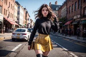 Generate hyper realistic image of a woman with long, brown hair wearing a shirt with long sleeves and knee boots, gracefully spinning outdoors. She pairs her ensemble with black high heels, exuding elegance and charm. Another scene depicts her in a black shirt and knee boots, strolling down a road in a yellow skirt, with green eyes shining and a hint of blush on her cheeks.