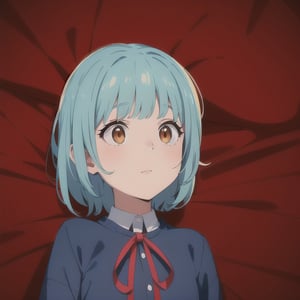 A girl with blue hair, orange eyes, a blue shirt and a ribbon. Shy and silly expression.