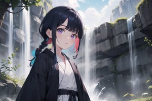 1girl, short bangs, blunt bangs, ,concave bangs, multicolored hair, parted hair, navy blue hair, black hair, long hair, petite, mage robe, white robe, waterfall, relaxed, fantasy setting, side braid, purple eyes, glowing eyes.,anime