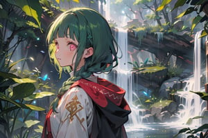 1girl, short bangs, blunt bangs, ,concave bangs, green_hair, long hair, petite, mage robe,  priestess, waterfall, relaxed, fantasy setting, side braid, pink eyes, glowing eyes.