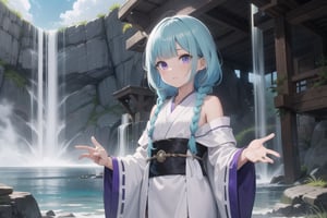 1girl, short bangs, blunt bangs, ,concave bangs, cyan  hair, long hair, petite, mage robe, white robe, waterfall, relaxed, fantasy setting, side braid, purple eyes, glowing eyes.,anime