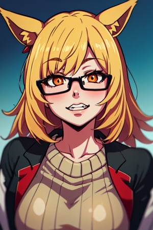 blonde hair, nerd , fox girl, buck teeth, glasses,  portrait view, looking up. sweater ,masterpiece,Kanbaru,transcend \(umamusume\),nerd_girl,Fox girl