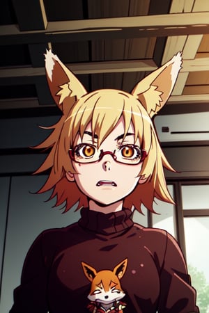 blonde hair, nerd , fox girl, buck teeth, glasses,  portrait view, looking up. sweater ,masterpiece,Kanbaru,transcend \(umamusume\),nerd_girl,Fox girl, short hair