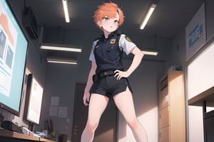 A close-up shot of a tomboy with vibrant orange hair styled in a messy pixie cut, framing her determined expression and piercing brown eyes. She's dressed in knee-high shorts, highlighting her toned legs as she stands protectively inside a dimly lit police station, the stark fluorescent lights overhead casting an eerie glow.