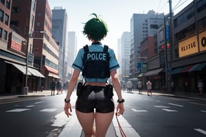 A dynamic scene unfolds: a tanned tomboy with messy short green hair and a police shirt stands confidently on the bustling street. She wears worn-out shorts, her hands grasping handcuffs as she surveys the area. The focus is on her toned behind, accentuated by the curve of her shorts, as she radiates confidence and authority amidst the urban chaos. from behind.