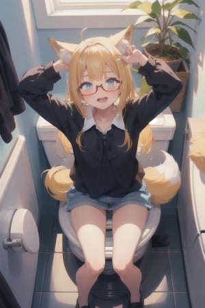 blonde hair, nerd emoji, fox girl, buck teeth, glasses, looking up. blue blouse. sitting on a toilet. shy peeing